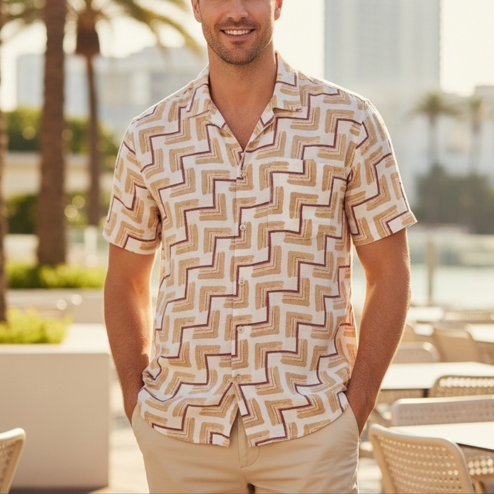 Ted Baker Brekon Linen Retro Geo Print Zigzag Short Sleeve Shirt M